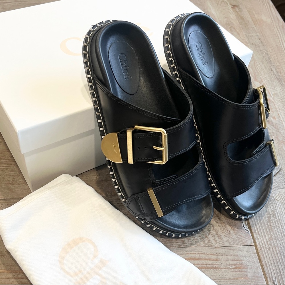 Chloe Rebecca Leather Dual Buckle Slide Sandals